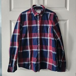 Express Men's Navy and Burgundy Plaid Shirt